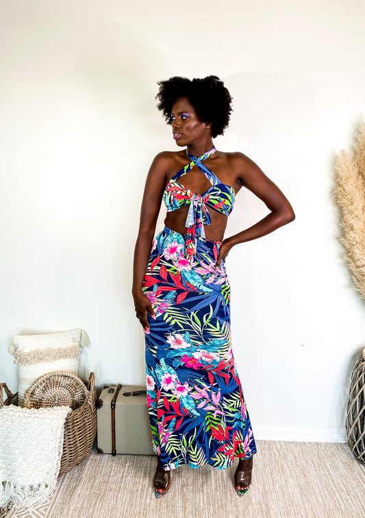 Maxi Skirt Set: Island Dreaming Sleeveless with Blue Pattern