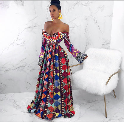 African Print Off Shoulder Dress: Soleil Brilliant Long Sleeve