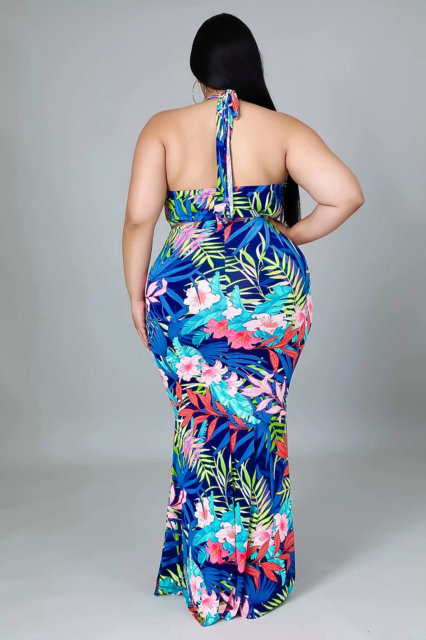 Plus Size Maxi Skirt Set: Island Dreaming Sleeveless Blue Pattern