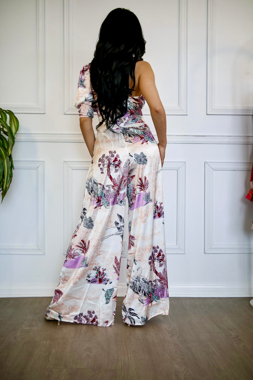 Très Chic Floral One shoulder Top And Wide Legged Pant Set