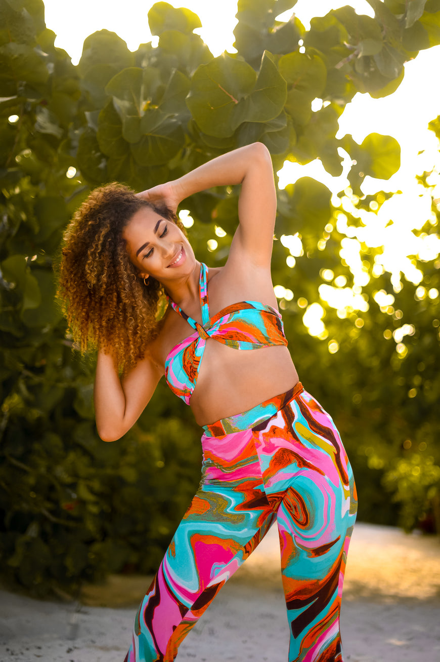 Tropical Fiesta Halter Neck Top with Flare Bottoms