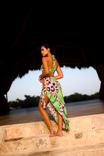 Skirt Set: Asymmetric Tropical Safari Mix Print Skirt & Top