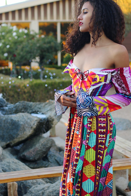African Print Off Shoulder Dress: Soleil Brilliant Long Sleeve