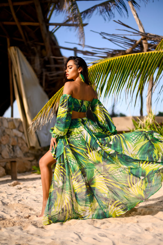 Bralette Top and Skirt Set with Slit: Tropical Escape J Lo Inspired