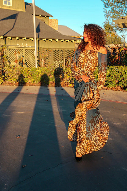 Off The Shoulder Leopard Print Dress with Long Sleeves: Run Wild