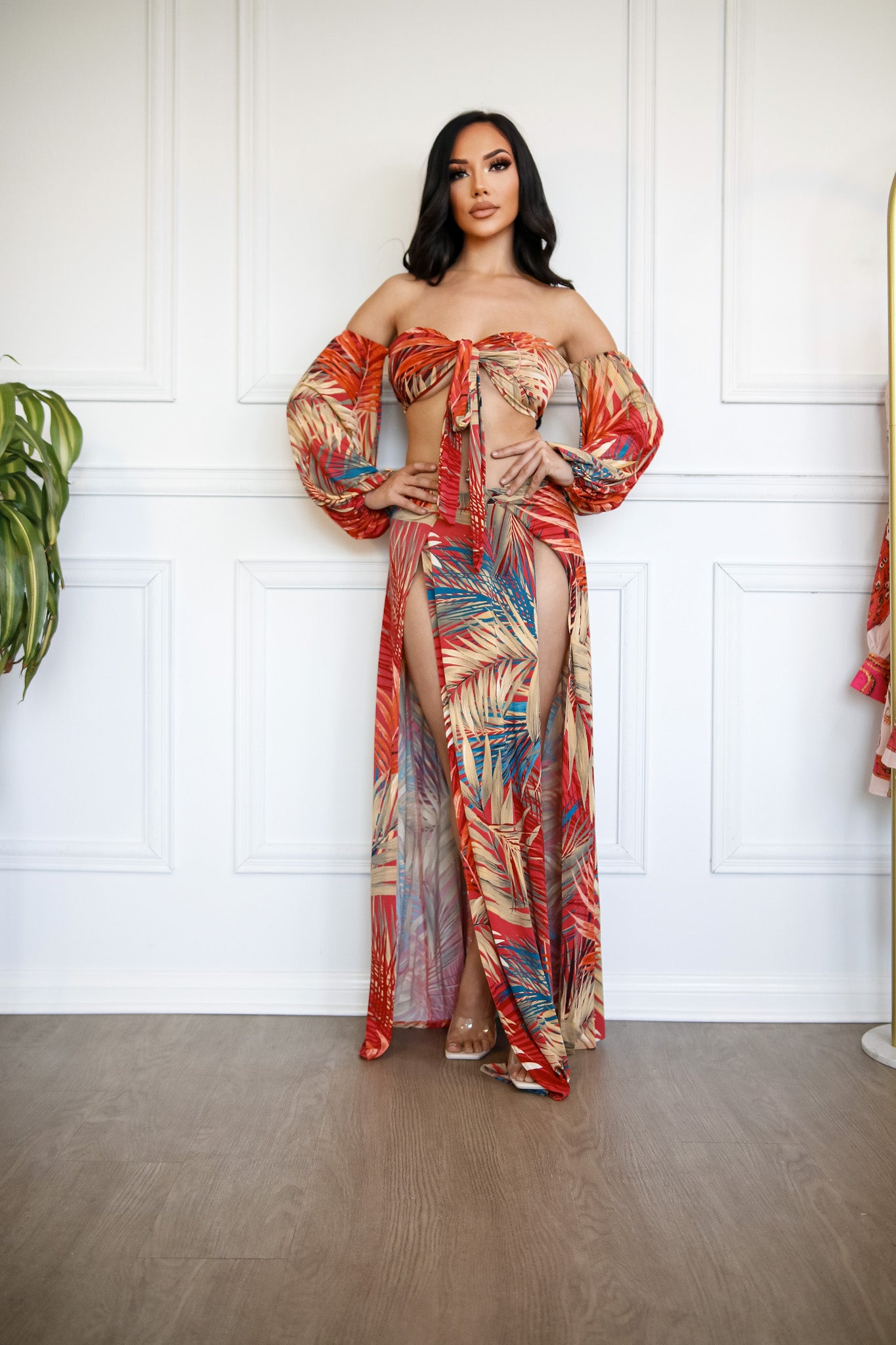 High Waisted Skirt Set: Tropical Palms Off Shoulder Two Piece