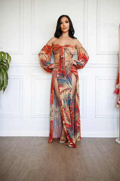 High Waisted Skirt Set: Tropical Palms Off Shoulder Two Piece