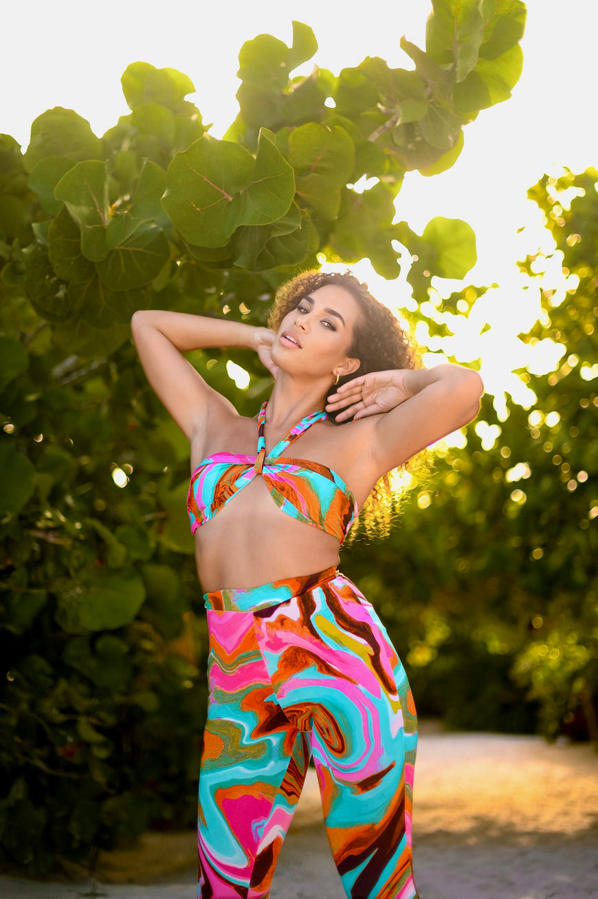 Tropical Fiesta Halter Neck Top with Flare Bottoms