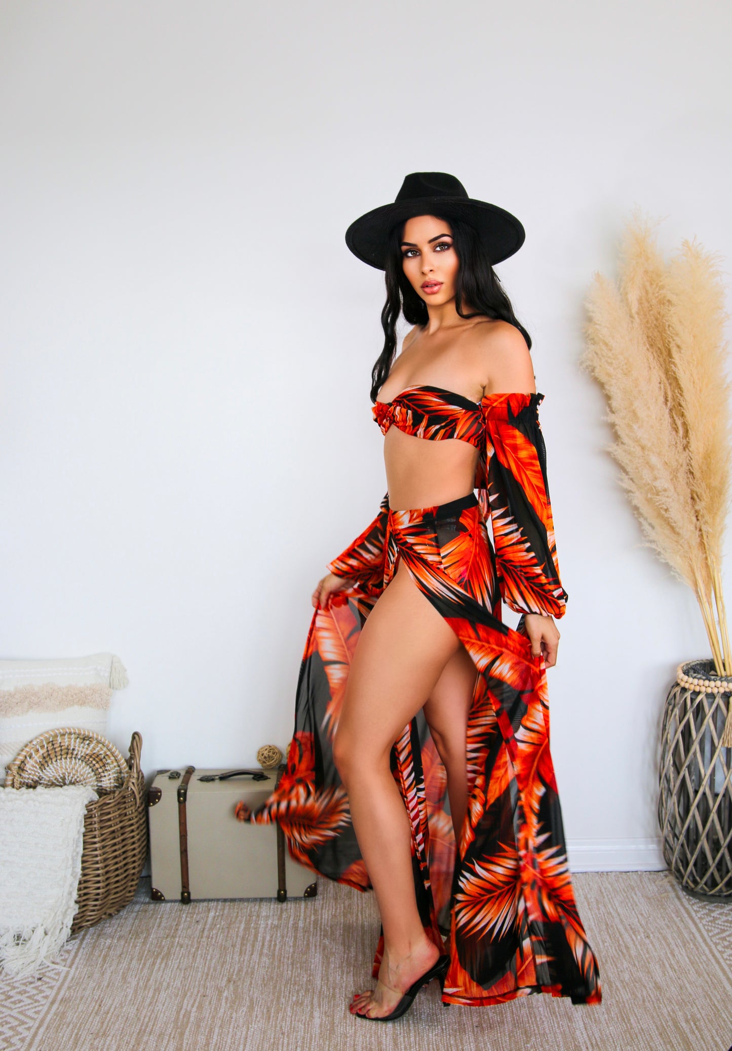 Tankini With a Skirt: Tropical Delight 3 Piece Set Red & Black