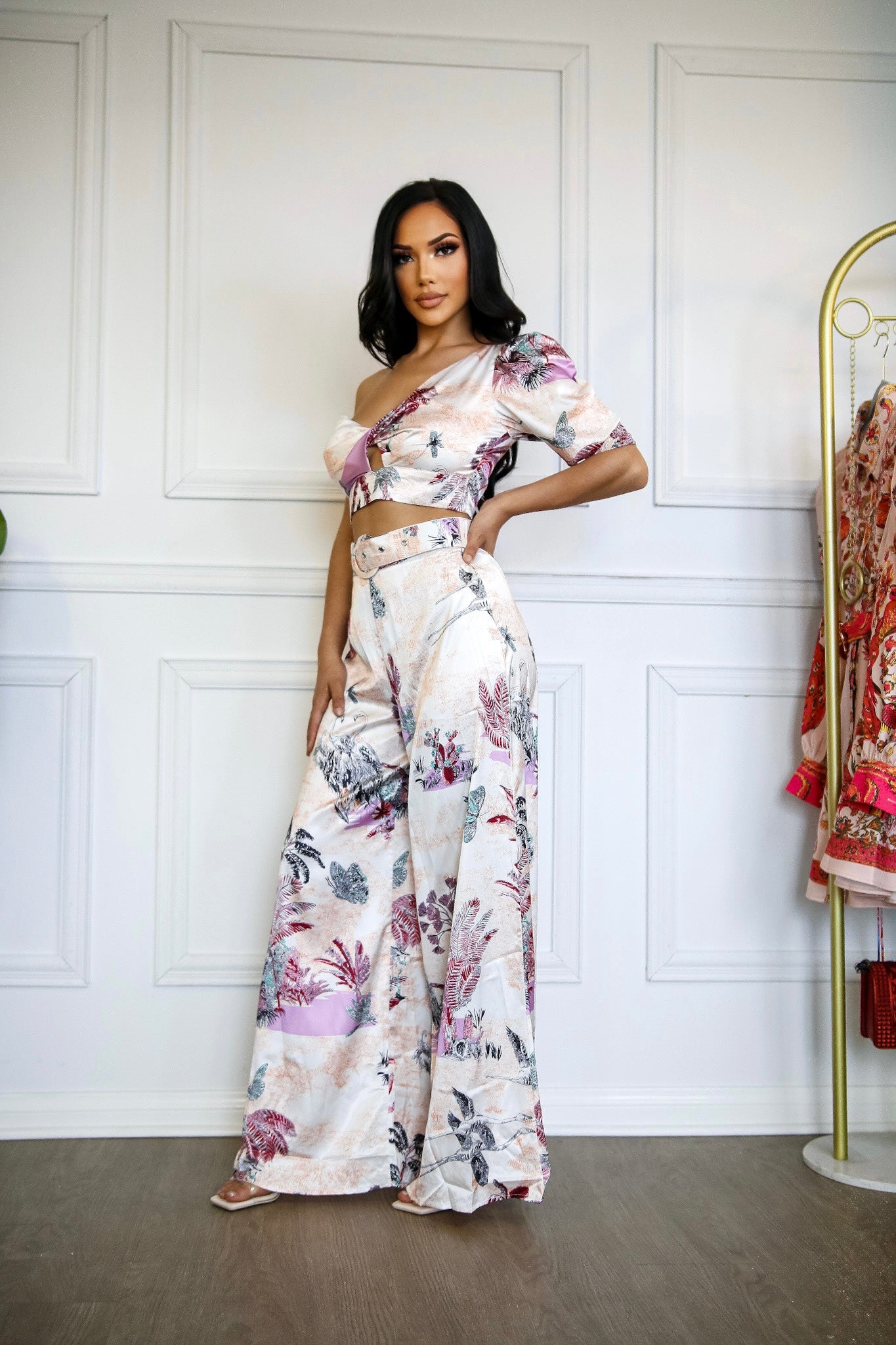One Shoulder Top And Pants Set: Très Chic with Wide Leg