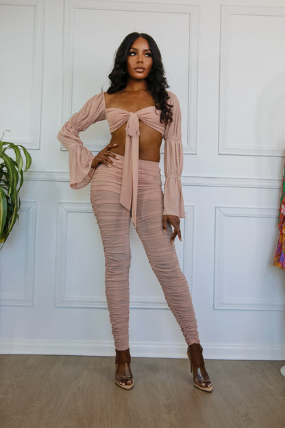 Crop Top & Pants Set: Beautiful Chaos Off Shoulder Tie Front in Pink