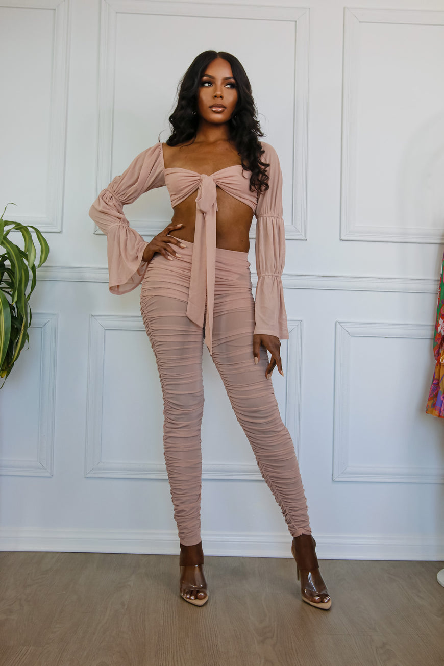 Beautiful Chaos Off Shoulder Blush Tie Front Crop & Ruched Pant Sets