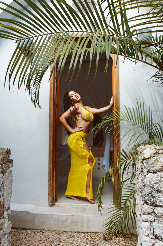 Crochet Skirt and Top Set: A Taste of Tulum in Yellow With Cut Out