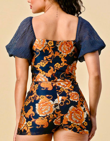 Corset Short Set: Jacquard Floral with Puff Sleeves