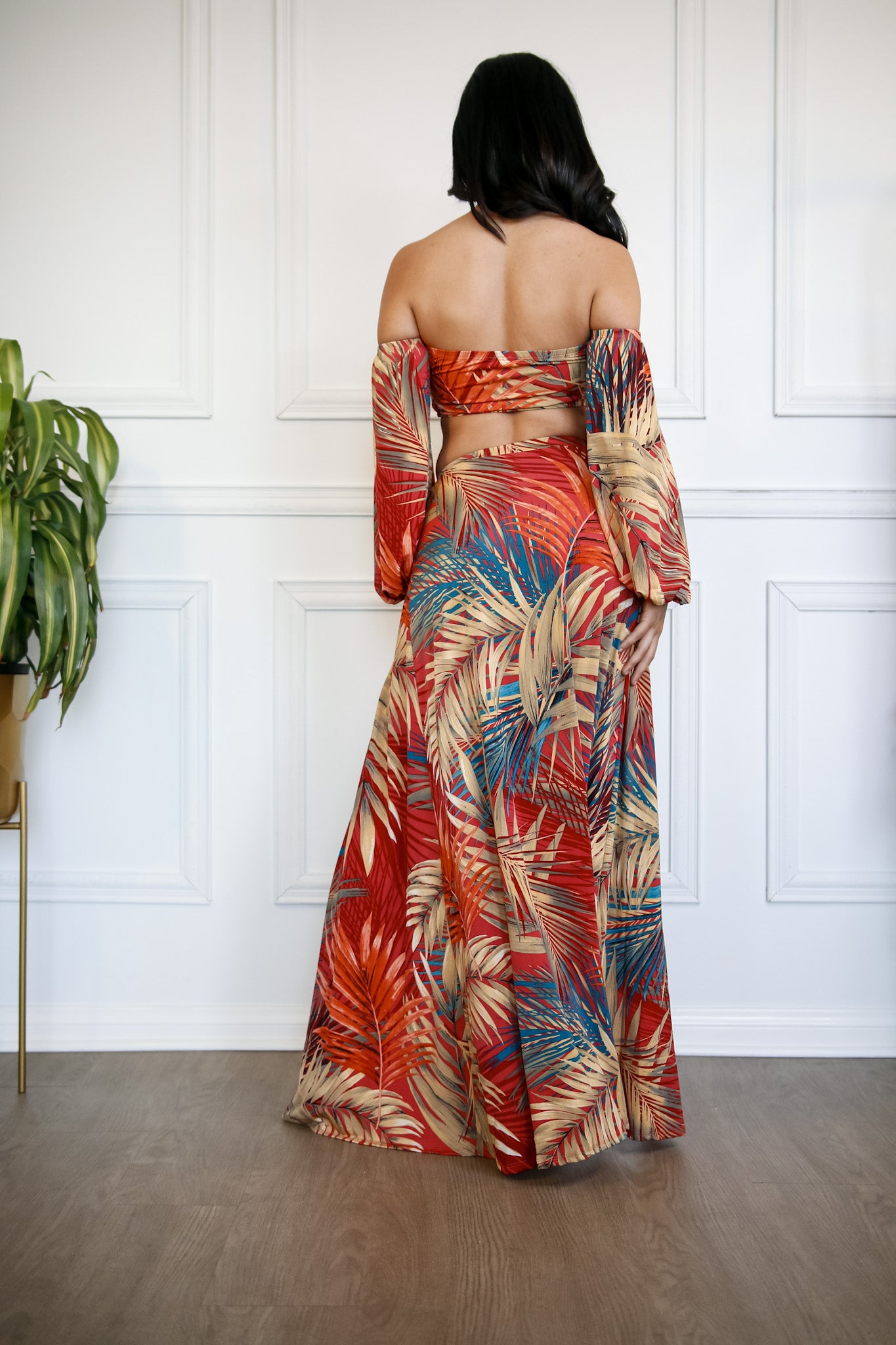 High Waisted Skirt Set: Tropical Palms Off Shoulder Two Piece