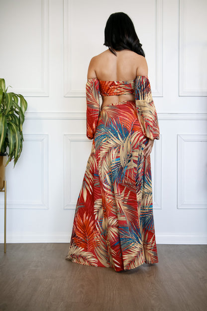 High Waisted Skirt Set: Tropical Palms Off Shoulder Two Piece
