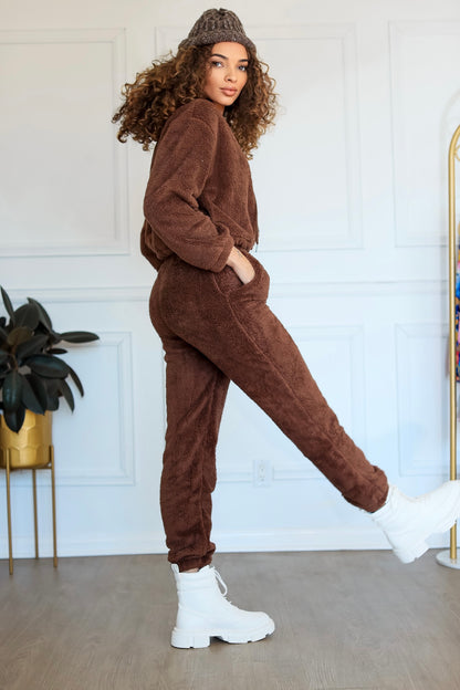 Cropped Hoodie Jogger Set: Teddy Purrr Sherpa Two Piece in Cocoa