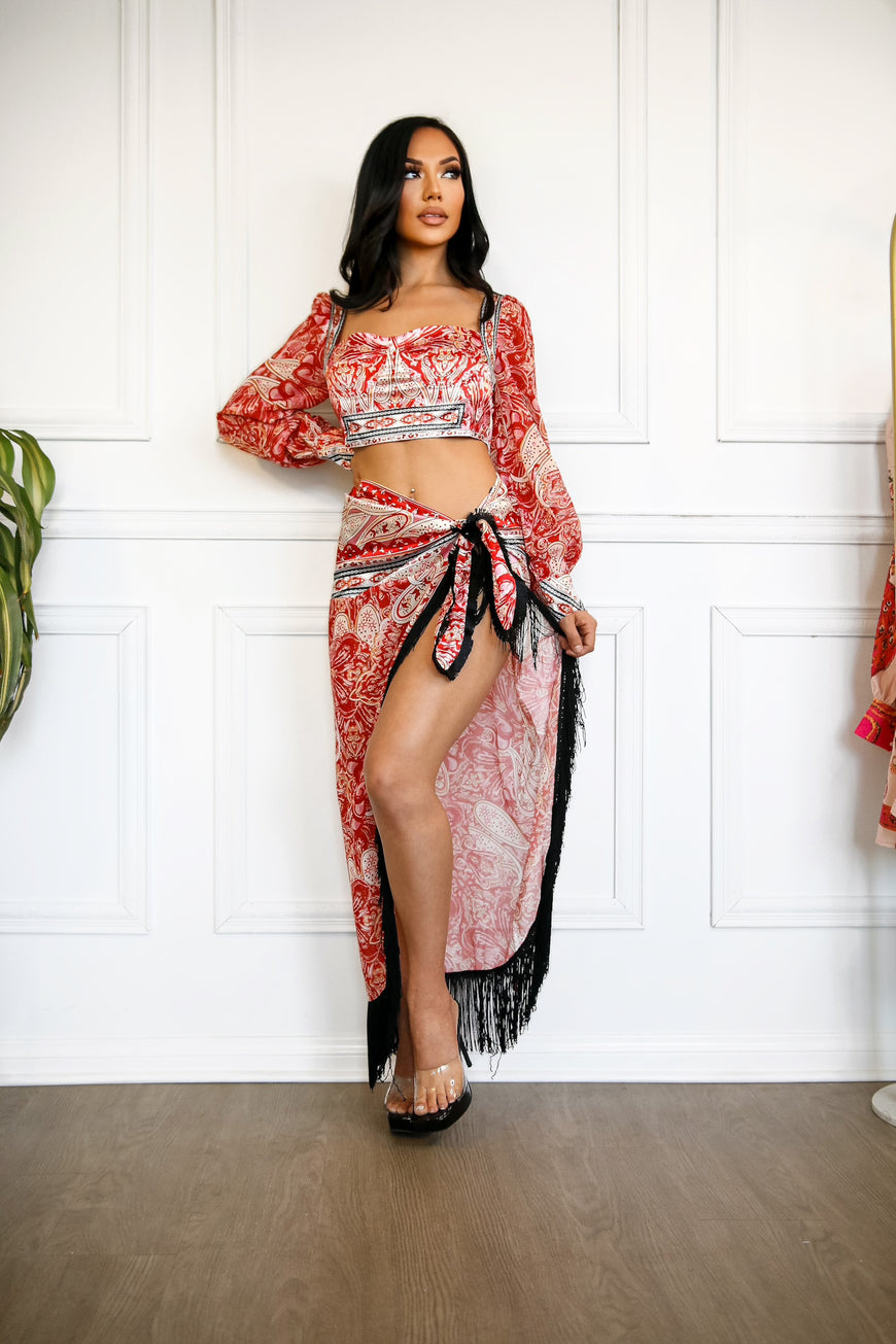 Show Stopper Paisley Print Crop Top and Fringe High low Skirt Wrap Set