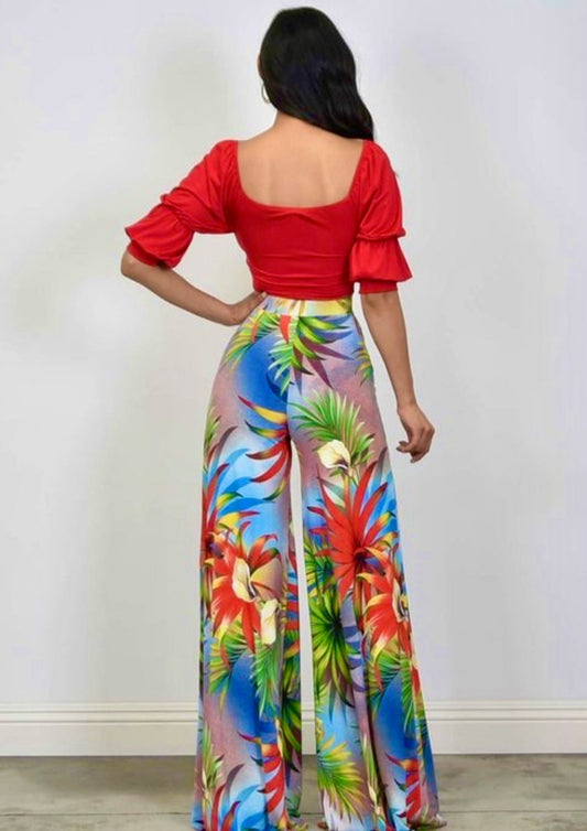 Crop Top and Trouser Set: Cabana Life Red Top and Floral Pants