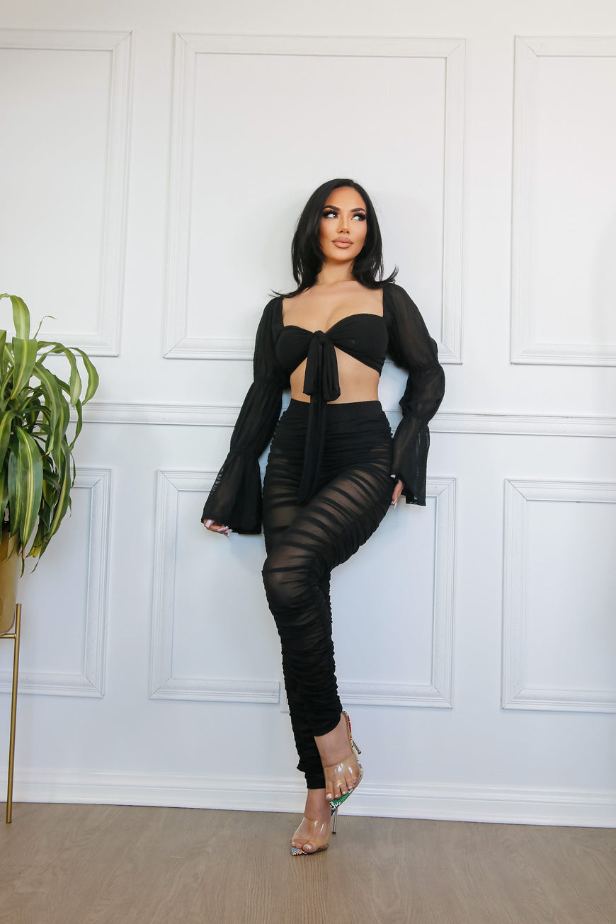 Beautiful Chaos Off Shoulder Black Tie Front Crop & Ruched Pant Sets