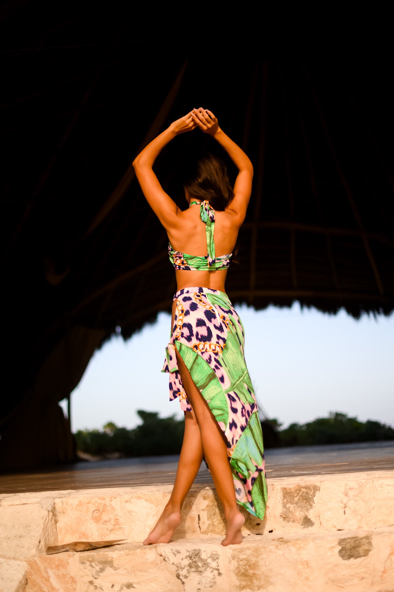 Skirt Set: Asymmetric Tropical Safari Mix Print Skirt & Top