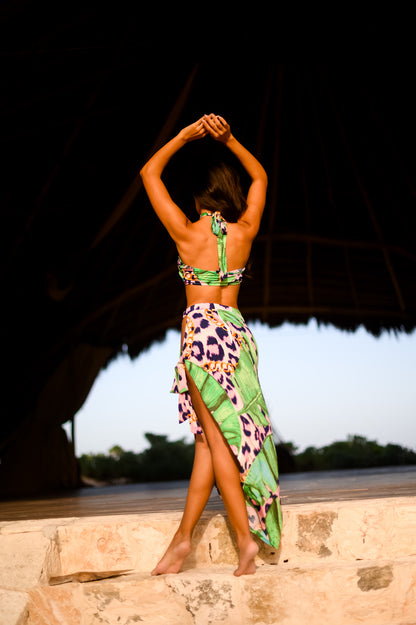 Skirt Set: Asymmetric Tropical Safari Mix Print Skirt & Top