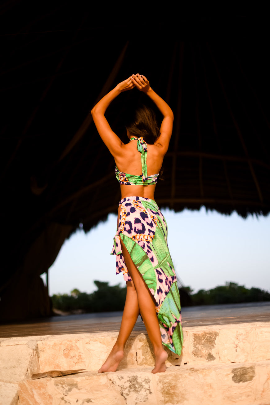Tropical Safari Mix Print Asymmetric Two-Piece Skirt Set