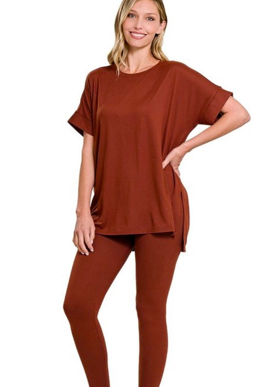 Chill Mode Activated Soft Loungewear Set in Dark Rust