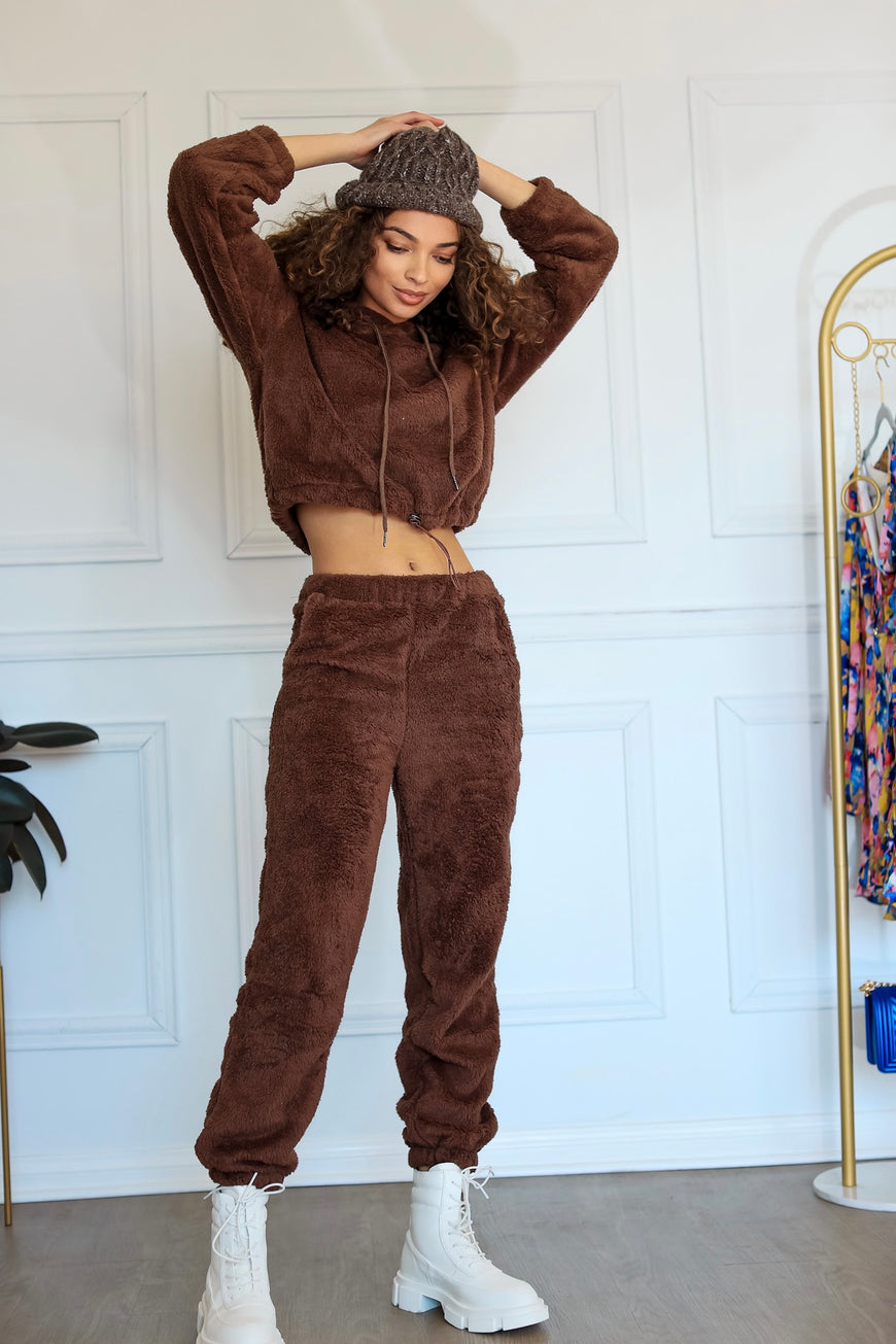 Teddy Purrr Sherpa Cocoa Cropped Hoodie & Cuffed Jogger Set