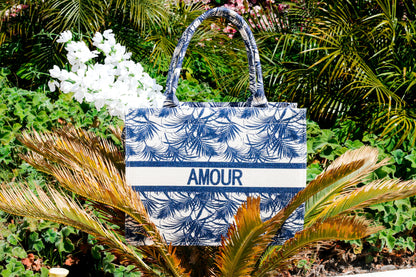 Blue Beach Tote: Amour Tropical Pattern Tote Bag