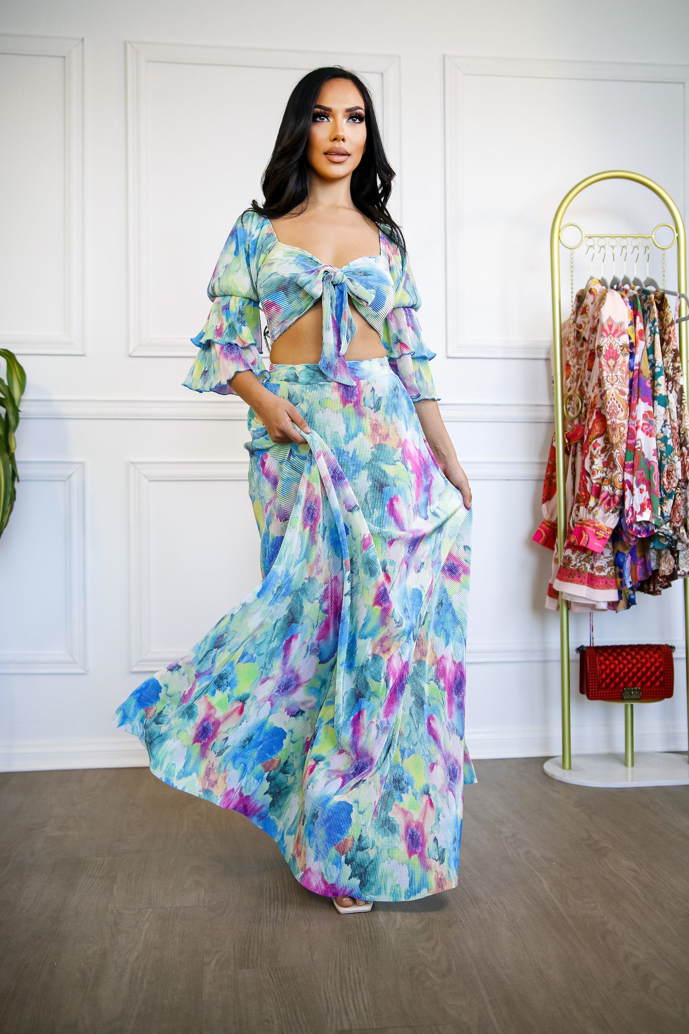 Feel Me Flow Ruffle Top & Maxi Skirt Ribbed Set