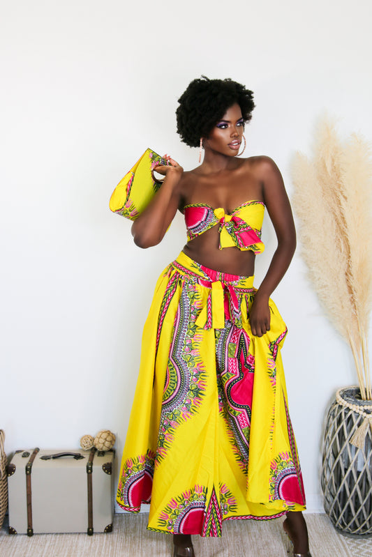 African Skirt Set: Royal Elegance Strapless Top in Yellow