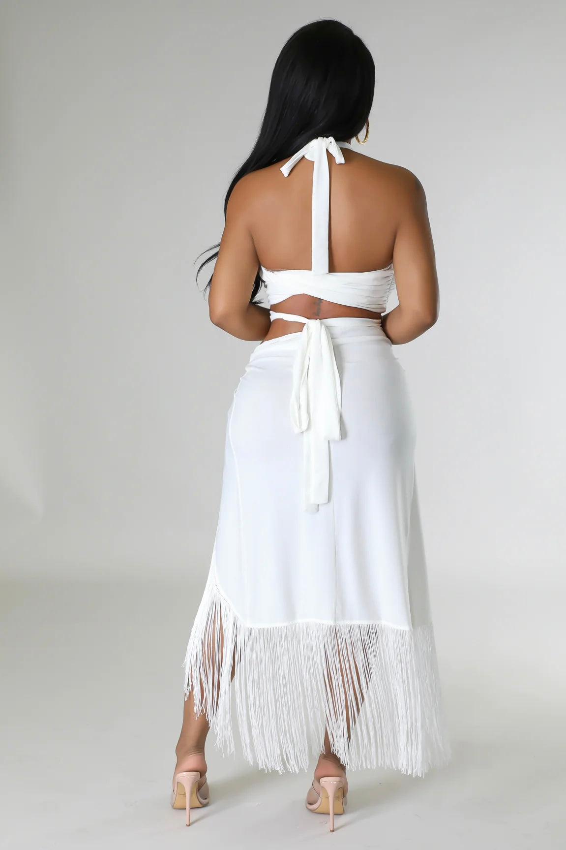 White Backless Halter Top & Wrap Set: Opulent Beach Oasis