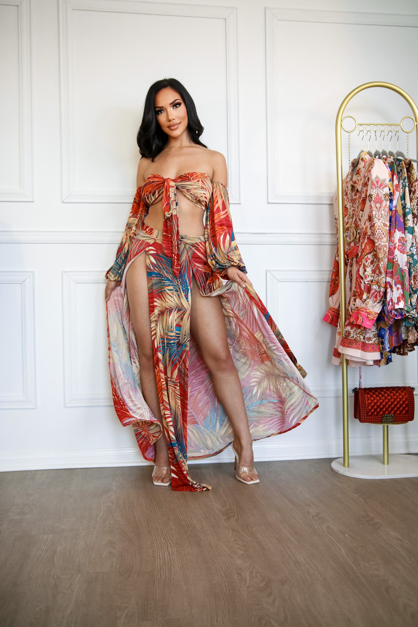 High Waisted Skirt Set: Tropical Palms Off Shoulder Two Piece