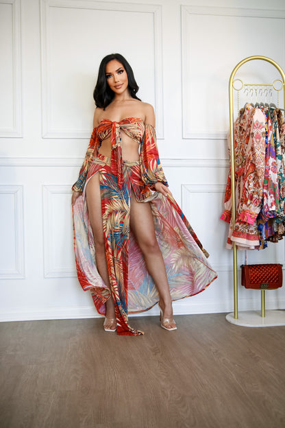 High Waisted Skirt Set: Tropical Palms Off Shoulder Two Piece