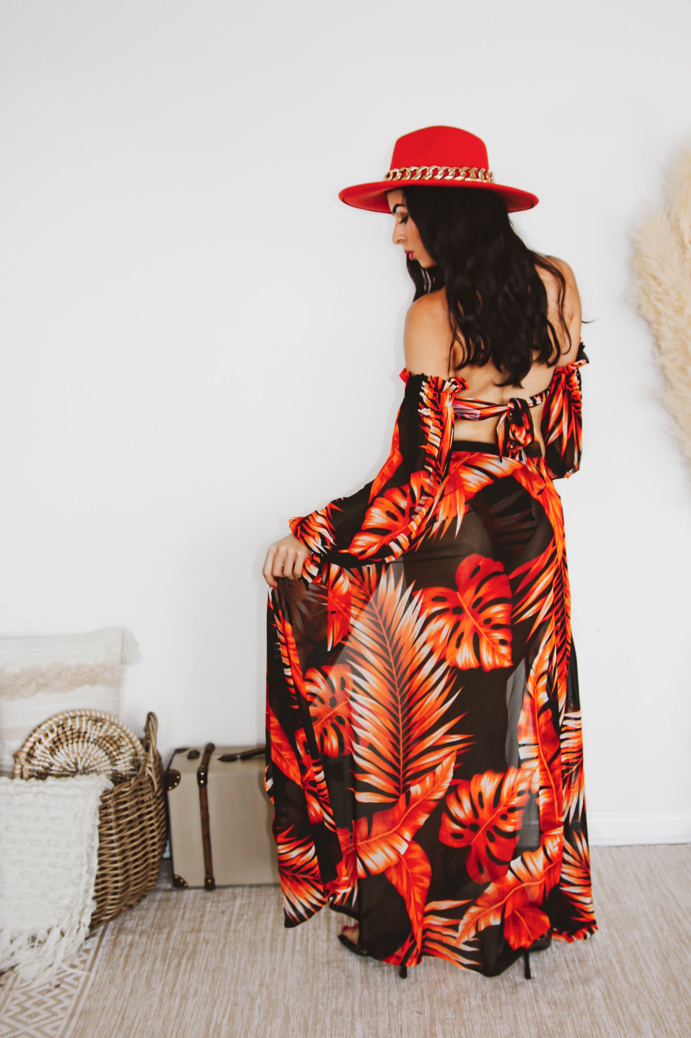 Tankini With a Skirt: Tropical Delight 3 Piece Set Red & Black