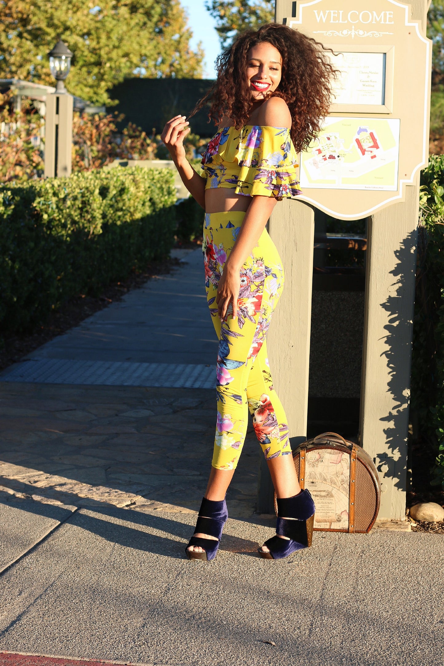 Yellow Top And Pants Set: In Bloom Ruffle Top Floral Pattern