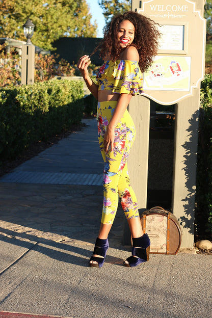 Yellow Top And Pants Set: In Bloom Ruffle Top Floral Pattern