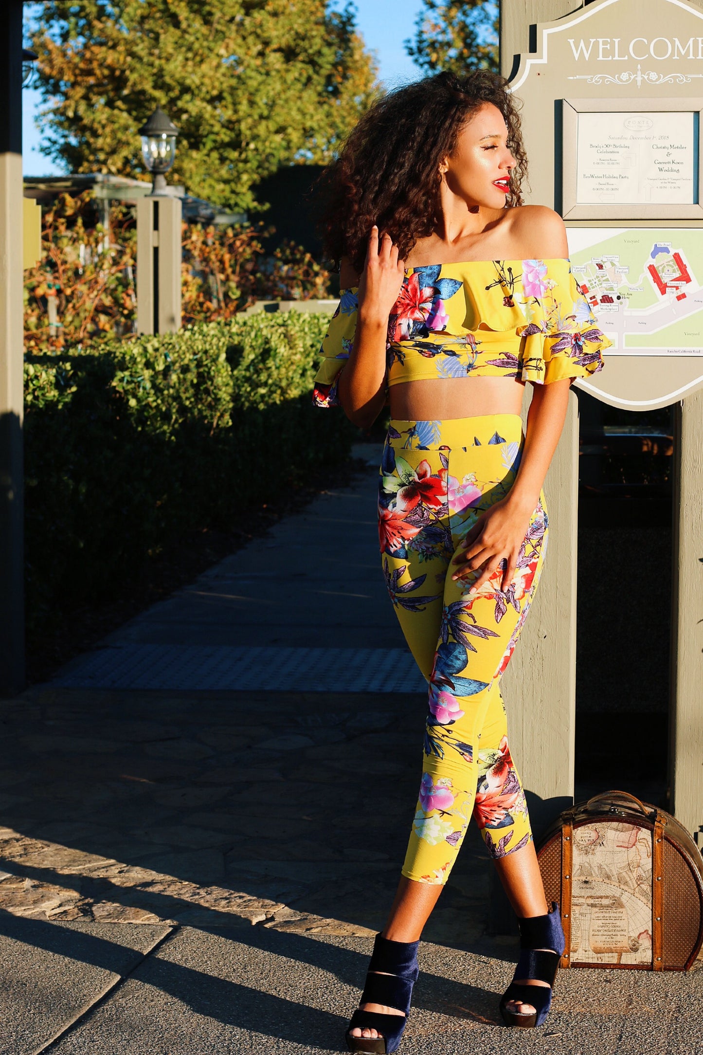 Yellow Top And Pants Set: In Bloom Ruffle Top Floral Pattern