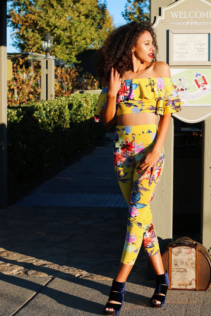 Yellow Top And Pants Set: In Bloom Ruffle Top Floral Pattern