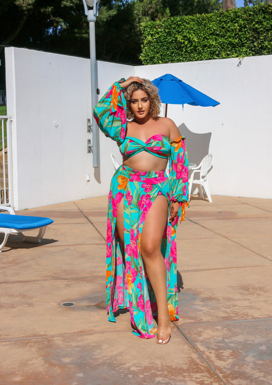 Plus Size Tankini With Skirt: Tropical Paradise 3 Piece Pink & Blue