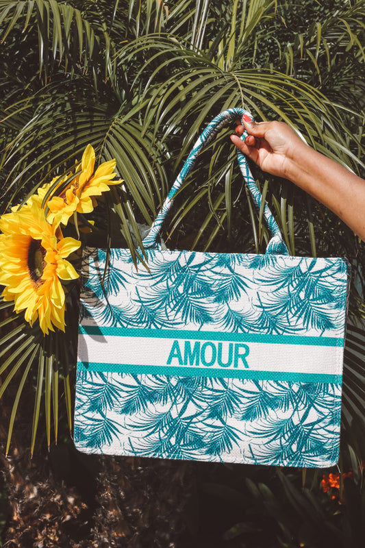 Blue Beach Tote: Amour Tropical Pattern Tote Bag