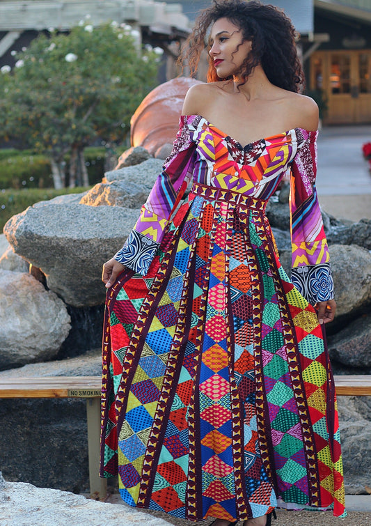 African Print Off Shoulder Dress: Soleil Brilliant Long Sleeve
