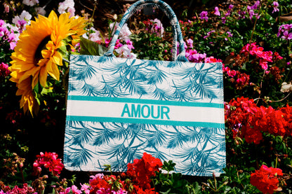 Blue Beach Tote: Amour Tropical Pattern Tote Bag