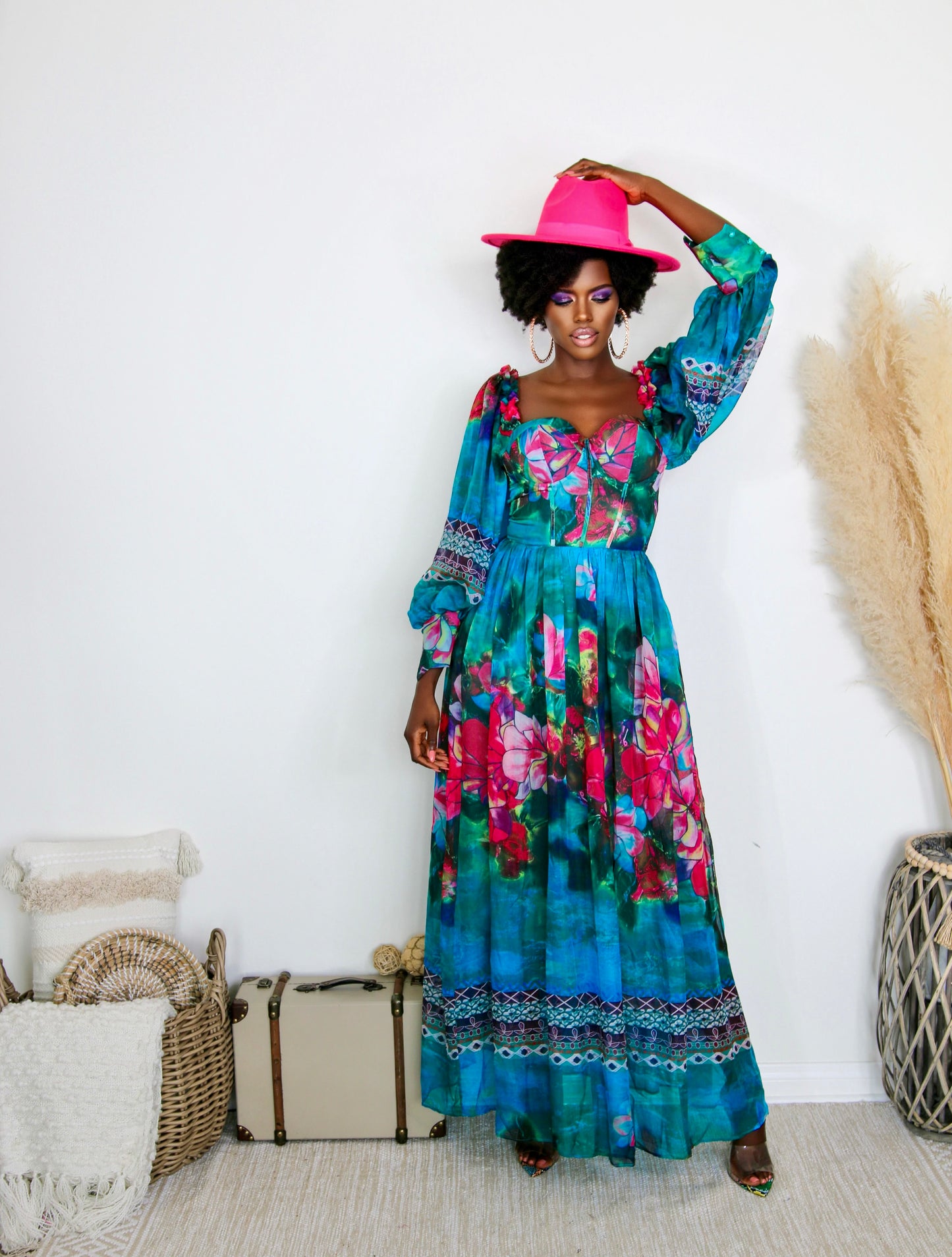Full Length Floral Dress: Pretty Senorita Emerald Pattern
