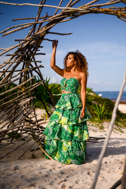 Halter Neck Maxi Dress Set: Tropical Breeze with Ruffle Skirt