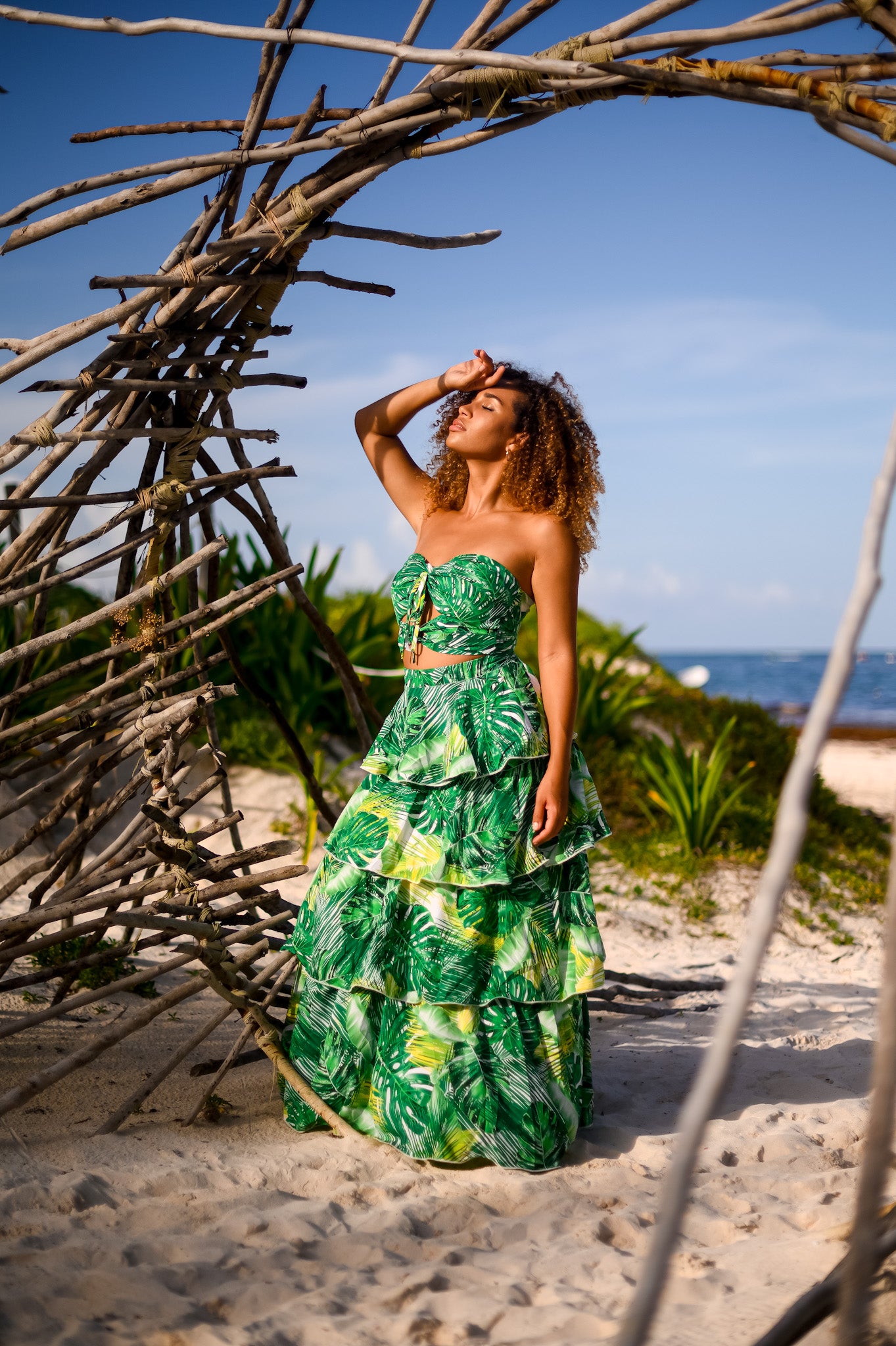 Halter Neck Maxi Dress Set: Tropical Breeze with Ruffle Skirt