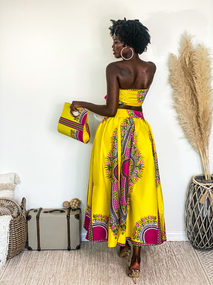 African Skirt Set: Royal Elegance Strapless Top in Yellow