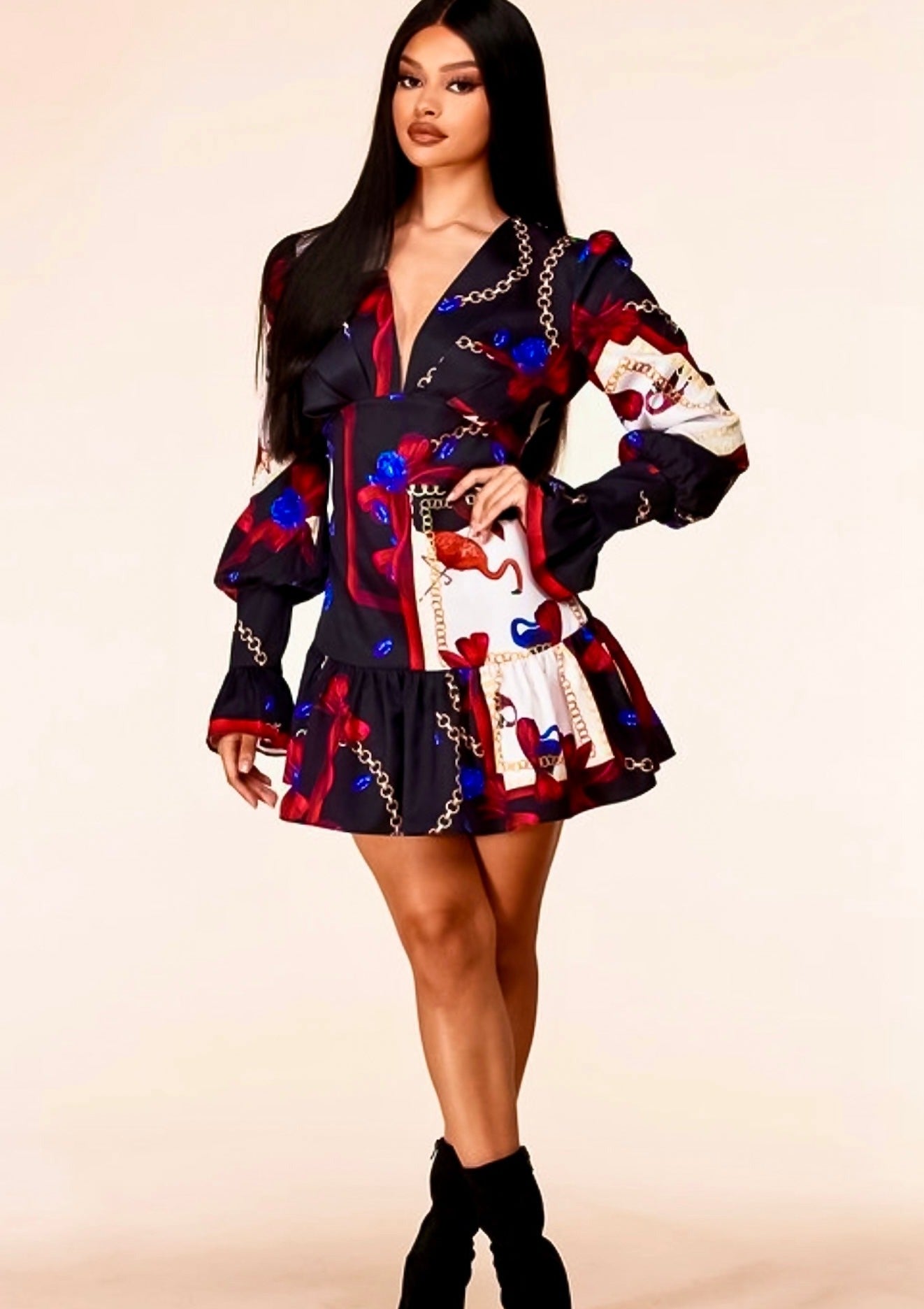 Long Sleeve Mini Skirt: Slay With Me Baroque Print