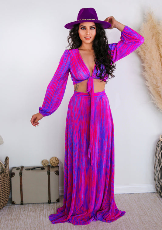 Maxi Skirt Set: Miami Vibing Long Sleeve Pink Color